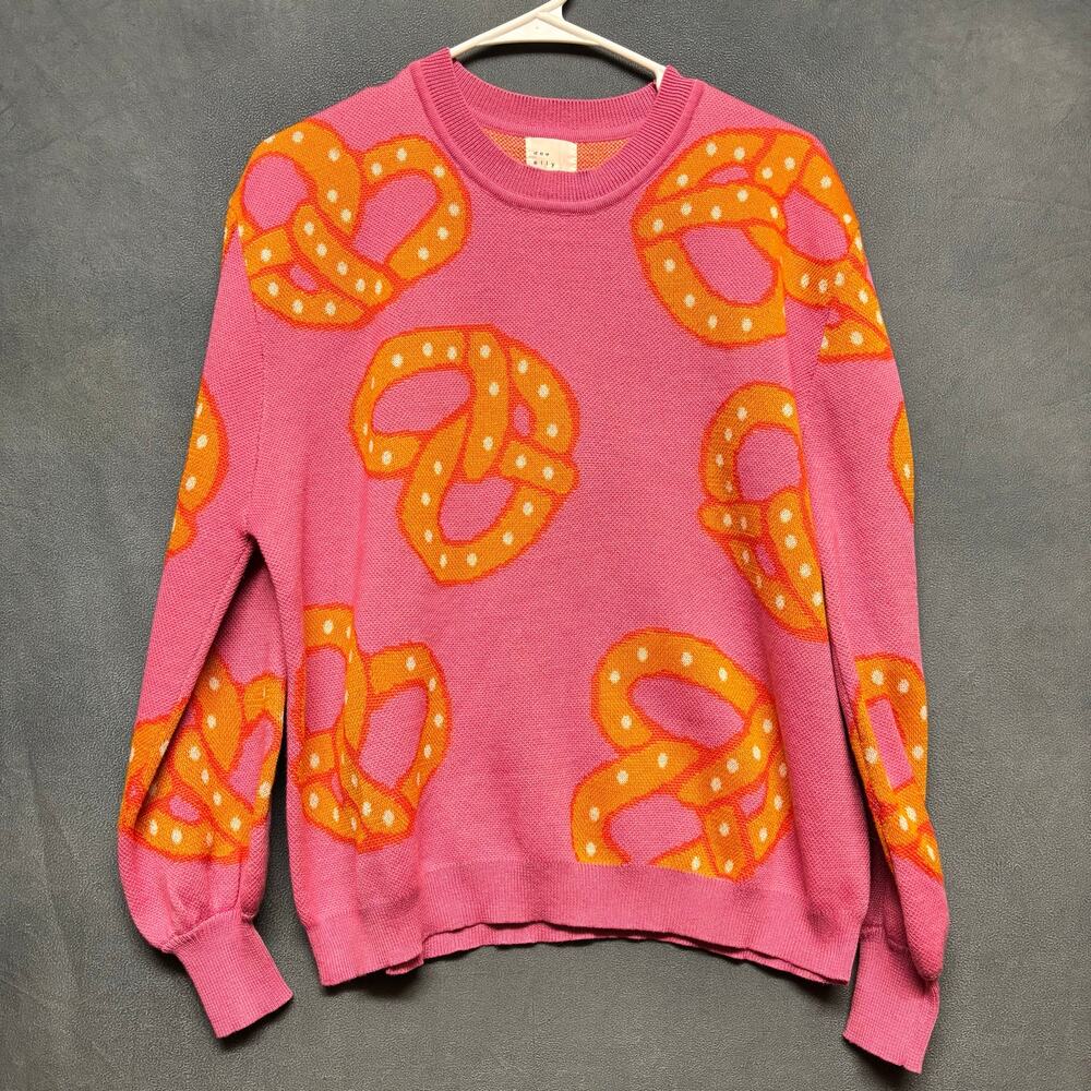 Dee Elly Women’s S Pink Orange Pretzel Print Sweater Novelty Y2K Kawaii